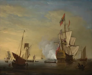 Una nave inglese con vele spiegate che spara un colpo